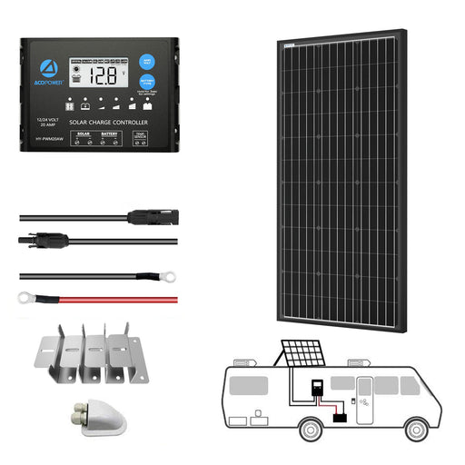ACOPOWER 100W 12V Mono Solar RV Kit w/ 20A PWM Charge Controller