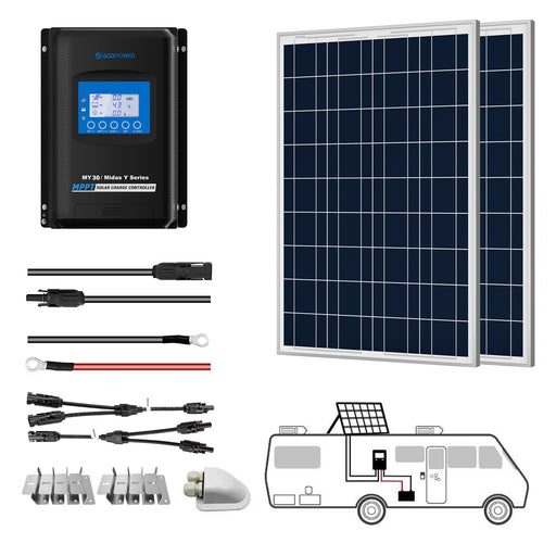 ACOPOWER 200W 12V  Poly Solar RV Kit w/ 30A MPPT Charge Controller