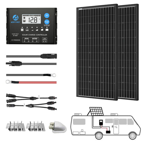ACOPOWER 12V/24V 200W Mono Solar RV Kit w/ 20A PWM Charge Controller