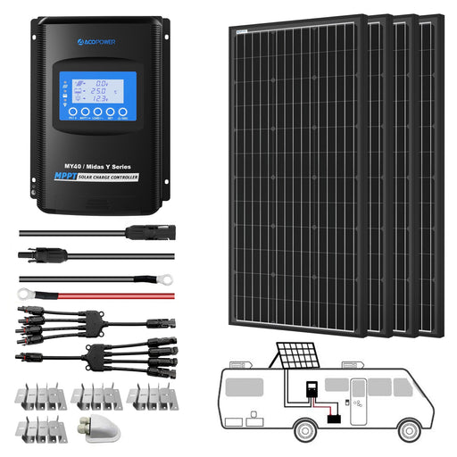ACOPOWER 400W Mono Solar RV Kit w/ 40A MPPT Charge Controller