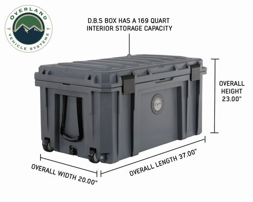 Overland Vehicle System D.B.S. - Dark Grey 169 QT Dry Box with Wheels, Drain, and Bottle Opener - Measurements