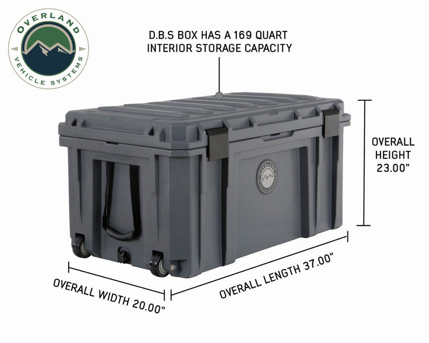 Overland Vehicle System D.B.S. - Dark Grey 169 QT Dry Box with Wheels, Drain, and Bottle Opener - Measurements
