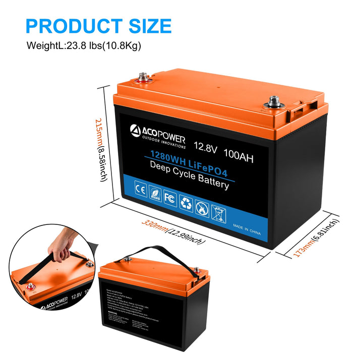 ACOPOWER 12V 100Ah LiFePO4 Deep Cycle Lithium Battery