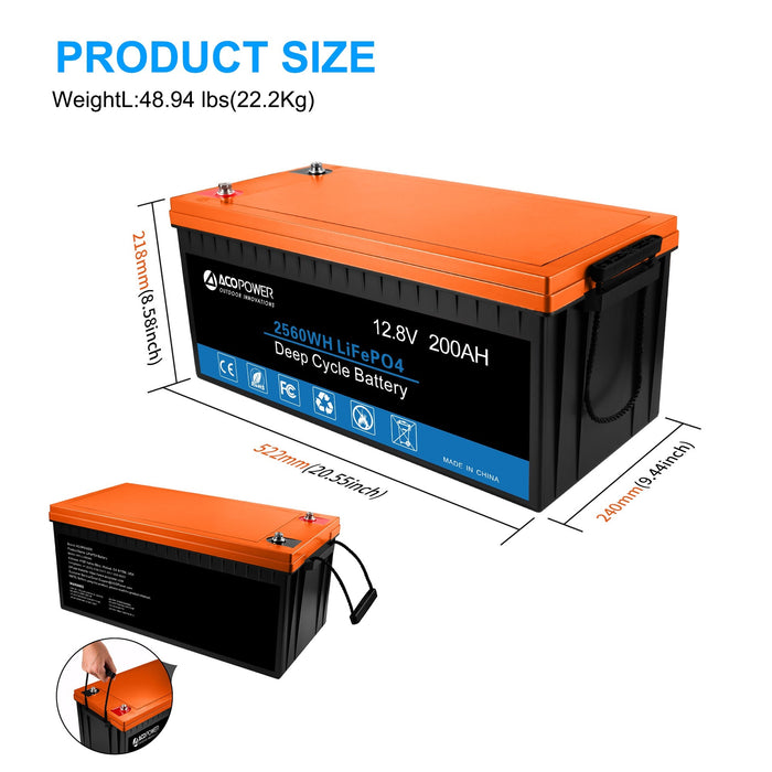 ACOPOWER 12V 200Ah LiFePO4 Deep Cycle Lithium Battery