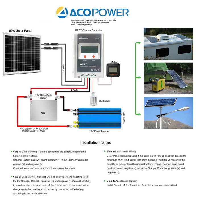 ACOPOWER 50W 12V Solar Charger Kit, 5A Charge Controller w/ Alligator Clips