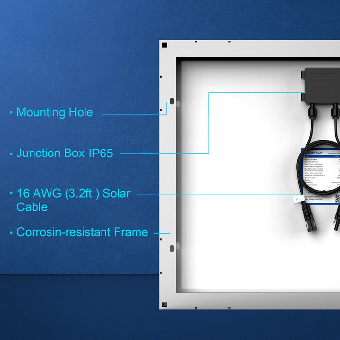 ACOPOWER 50W Mono Solar Panel for 12V Battery Charging, Off-Grid