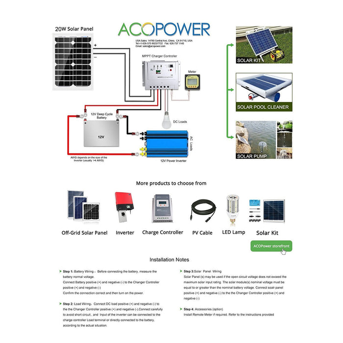 ACOPOWER 20W Mono Solar Panel for 12V Battery Charging, Off-Grid