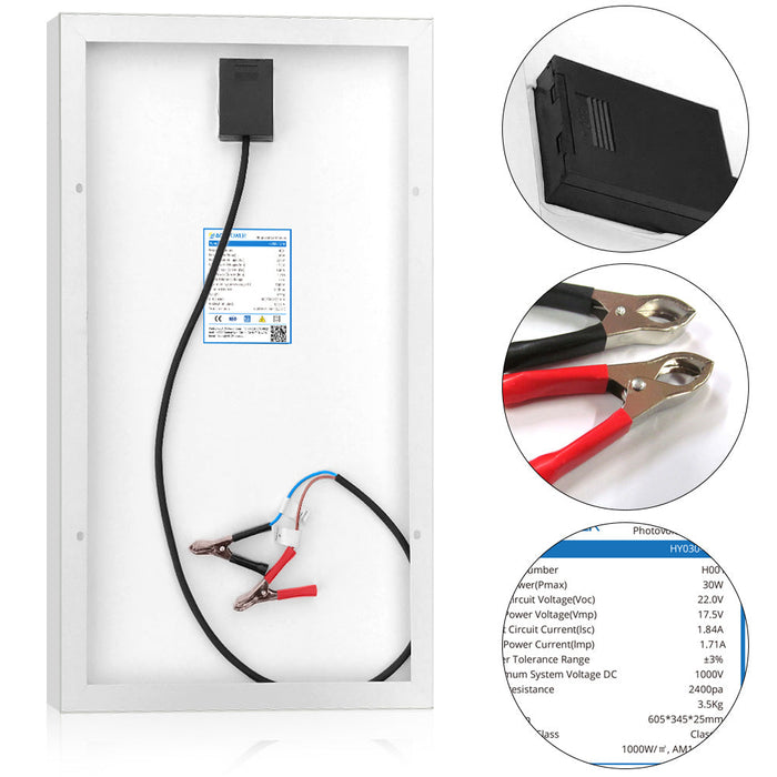 ACOPOWER 30W 12V Solar Charger Kit, 5A Charge Controller w/ Alligator Clips