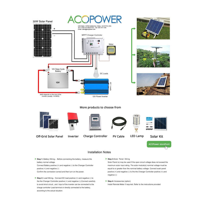 ACOPOWER 30W Mono Solar Panel for 12V Battery Charging, Off-Grid