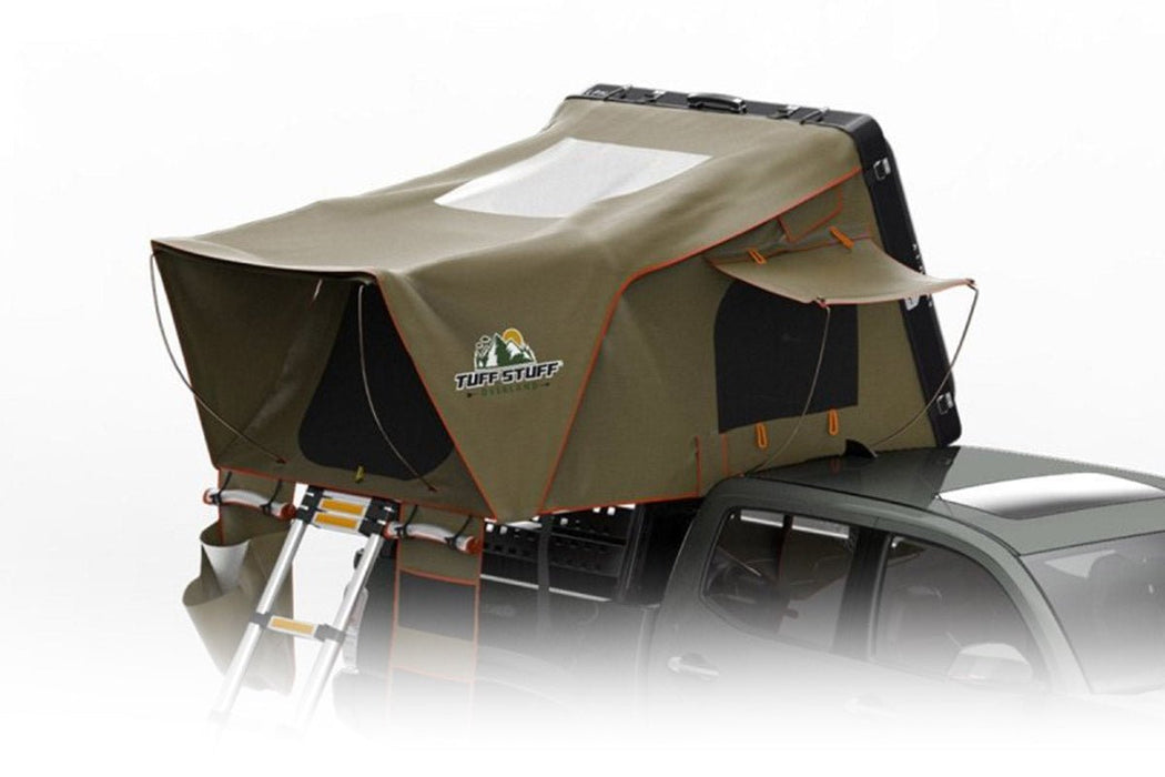 hard side roof top tent Tuff Stuff Overland Alpha II Hard Top Side Open Tent, Black, 2 Person
